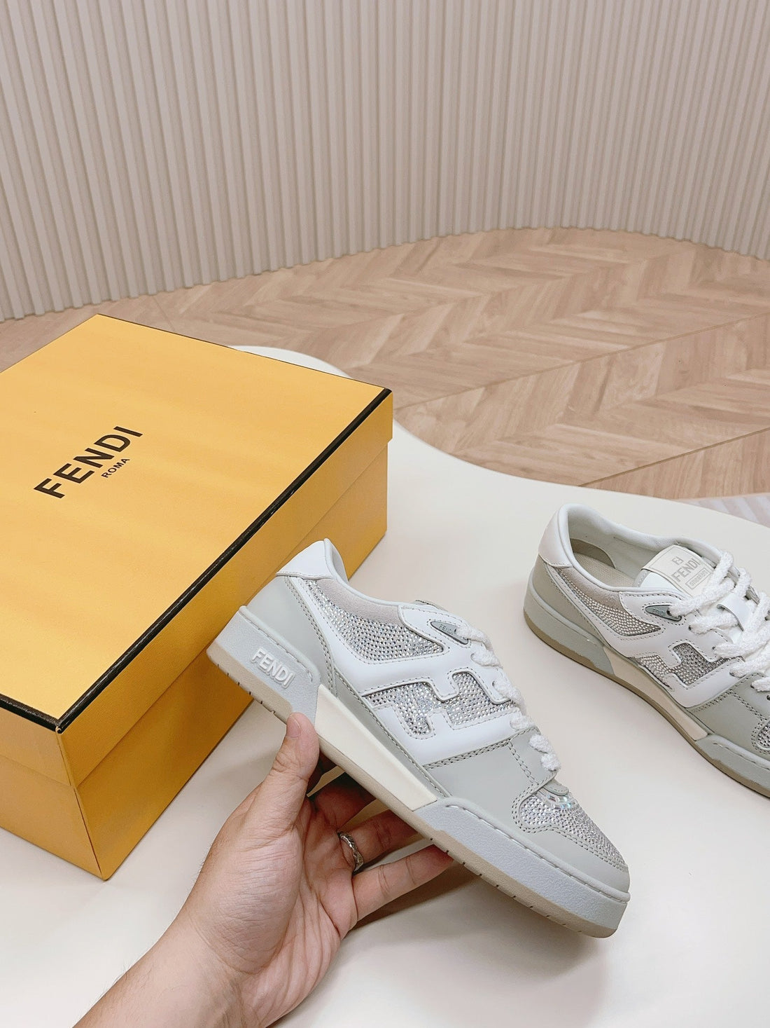 Fendi Casual Sneaker In Grey Calfskin Attach Rhinstones