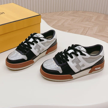 Fendi Casual Sneaker In Black Mix White Calfskin Attach Rhinstones