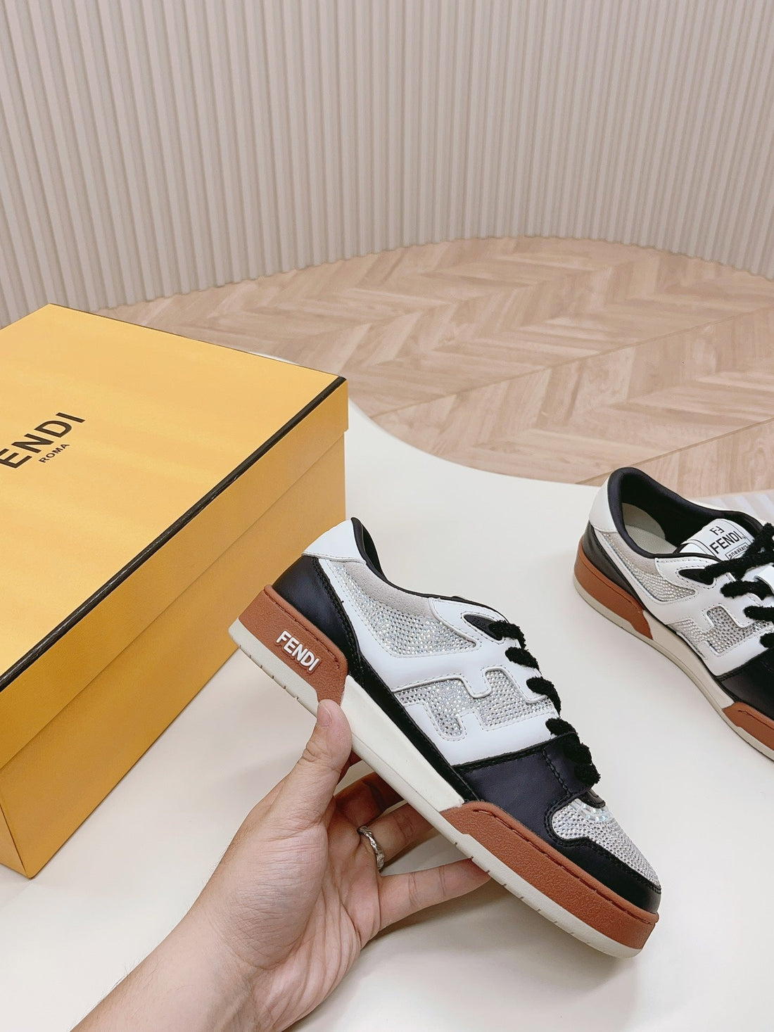 Fendi Casual Sneaker In Black Mix White Calfskin Attach Rhinstones