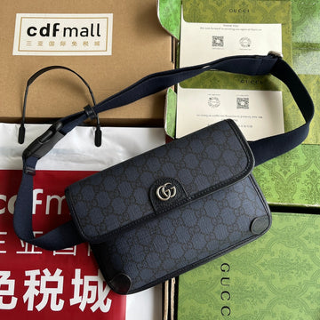 Ophidia Small Belt Bag 23 In Dark Blue Monogram Canvas And Black Lambskin Trim