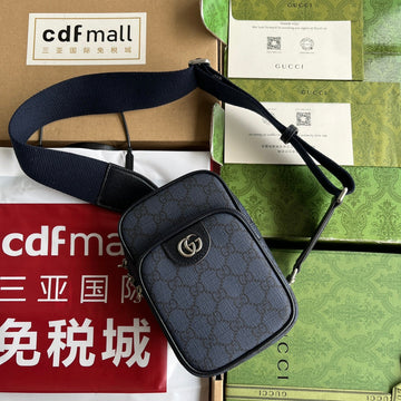 Ophidia Mini Bag 18 In Dark Blue Monogram Canvas And Black Lambskin Trim
