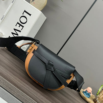 Mini Gate Dual Bag In Soft Calfskin And Jacquard Black And Tan Smooth Caflskin