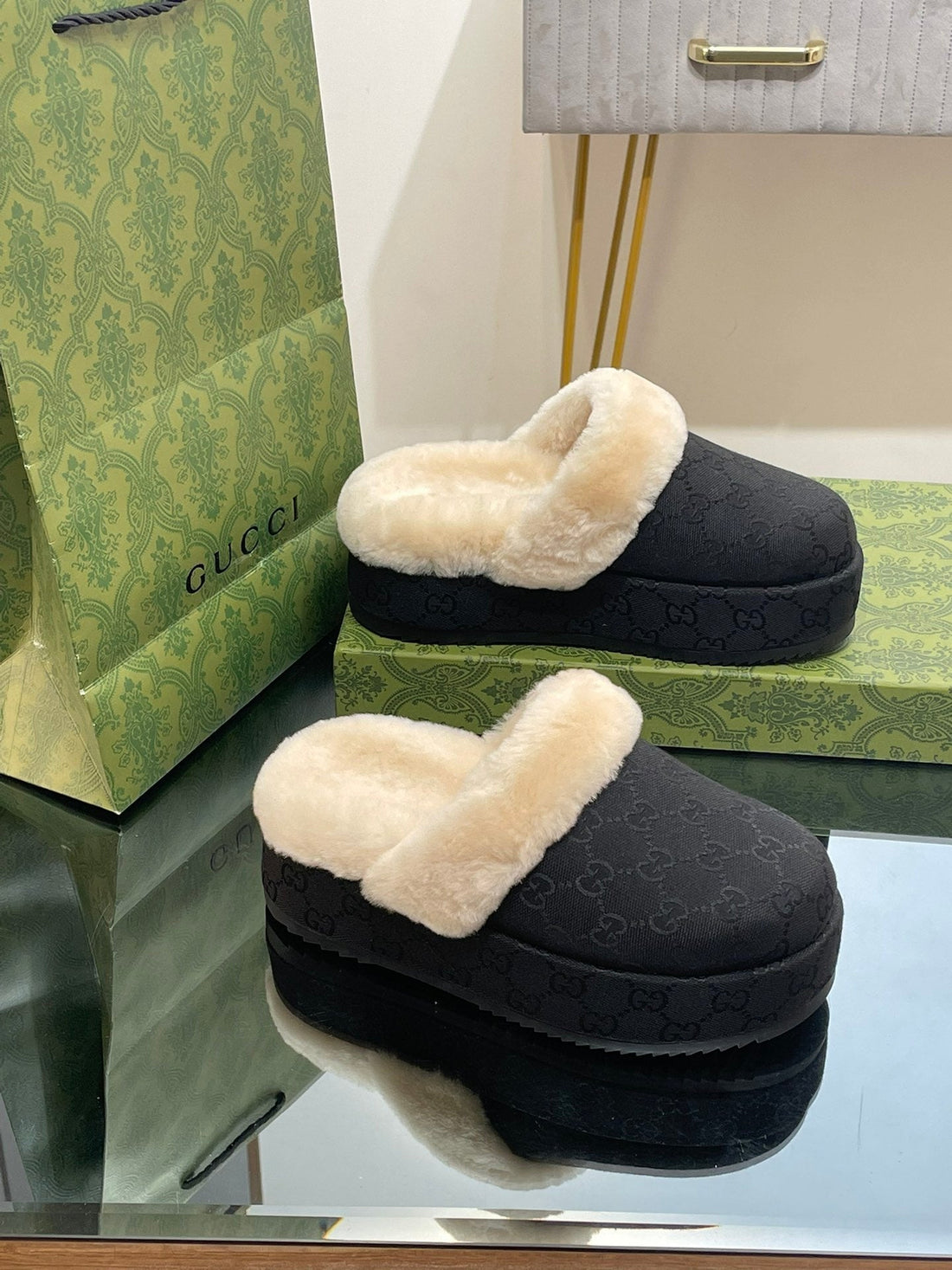 GG Molly Mule In Black Monogram Jacquard Fabric And Shearling Lining
