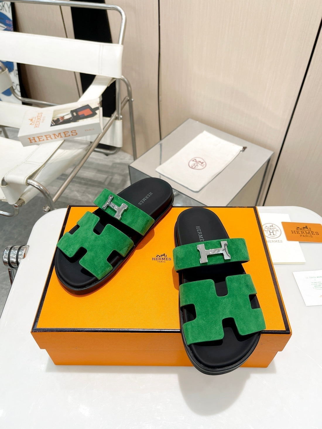Hm Chypre Sandal Dark Green With H-Buckle Suede