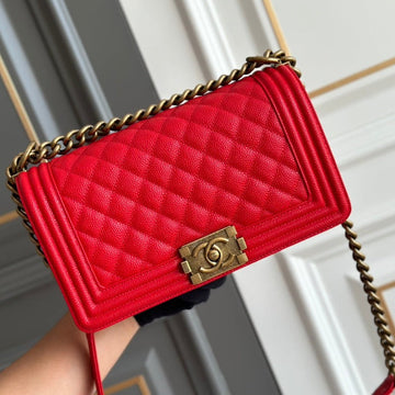 Boy Medium 25 Red Quilted Caviar Antique Ghw
