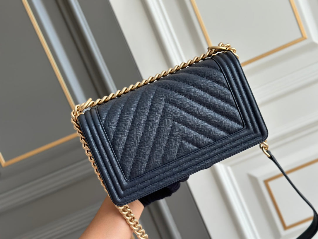 Boy Medium 25 Dark Blue Chevron Caviar Aged Ghw