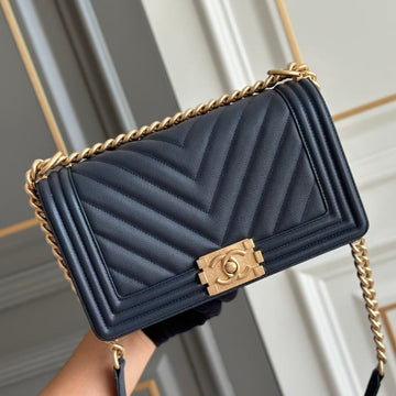 Boy Medium 25 Dark Blue Chevron Caviar Aged Ghw