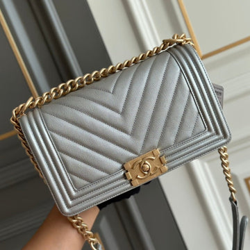 Boy Medium 25 Grey Chevron Caviar Aged Gold Hardware