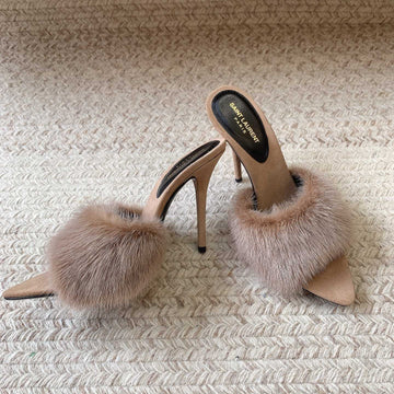 La 16 Heeled Mules In Beige Rabbit Fur And Smooth Lambskin