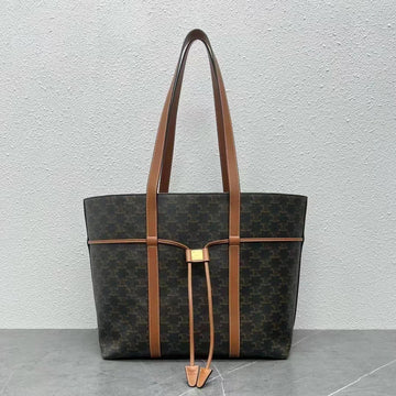 Celine Cabas Drawstring Bag Triomphe Black Brown Canvas & Calfskin
