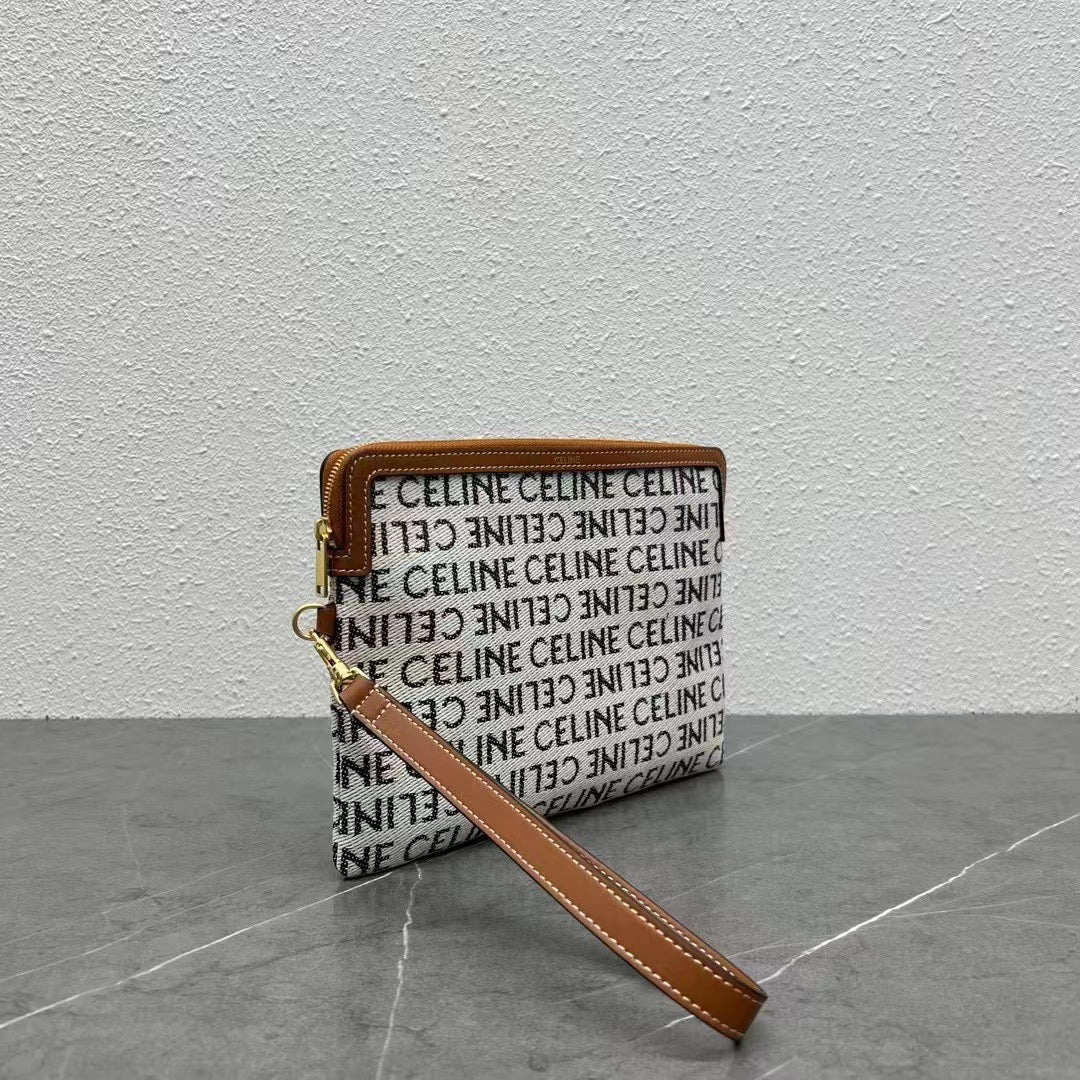 Celine Small Pouch With With Celine Print White Brown Calfskin Textile