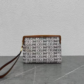 Celine Small Pouch With With Celine Print White Brown Calfskin Textile