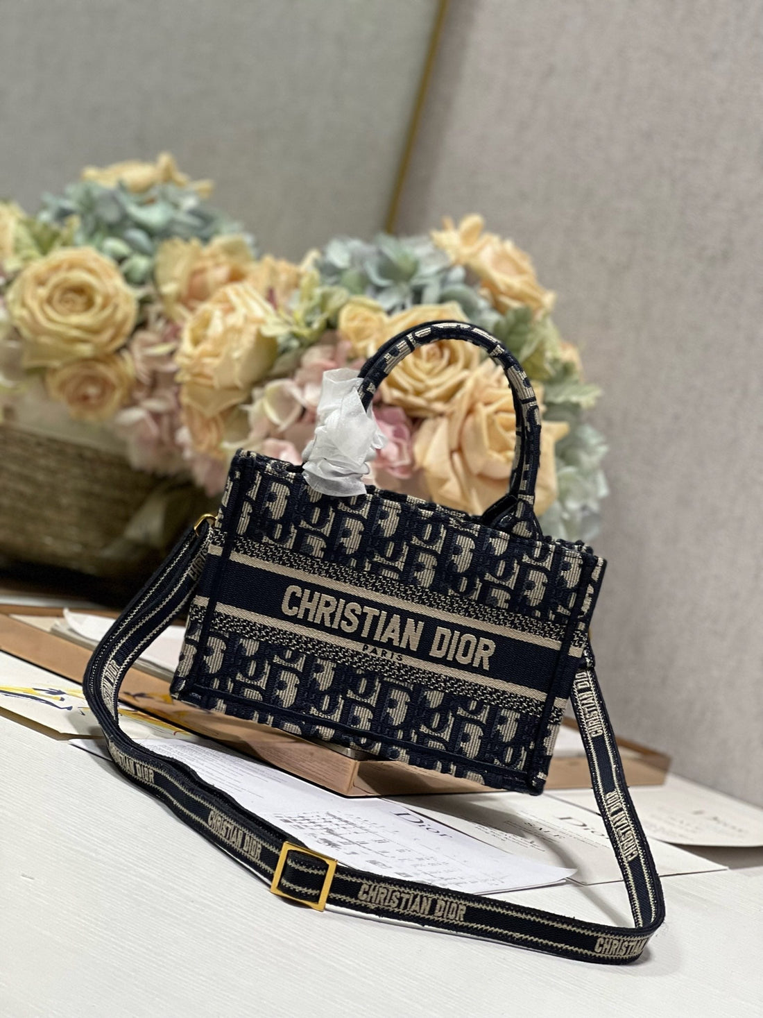 CD Mini Book Tote 21.5 Beige Blue Oblique Embroidery Calfskin