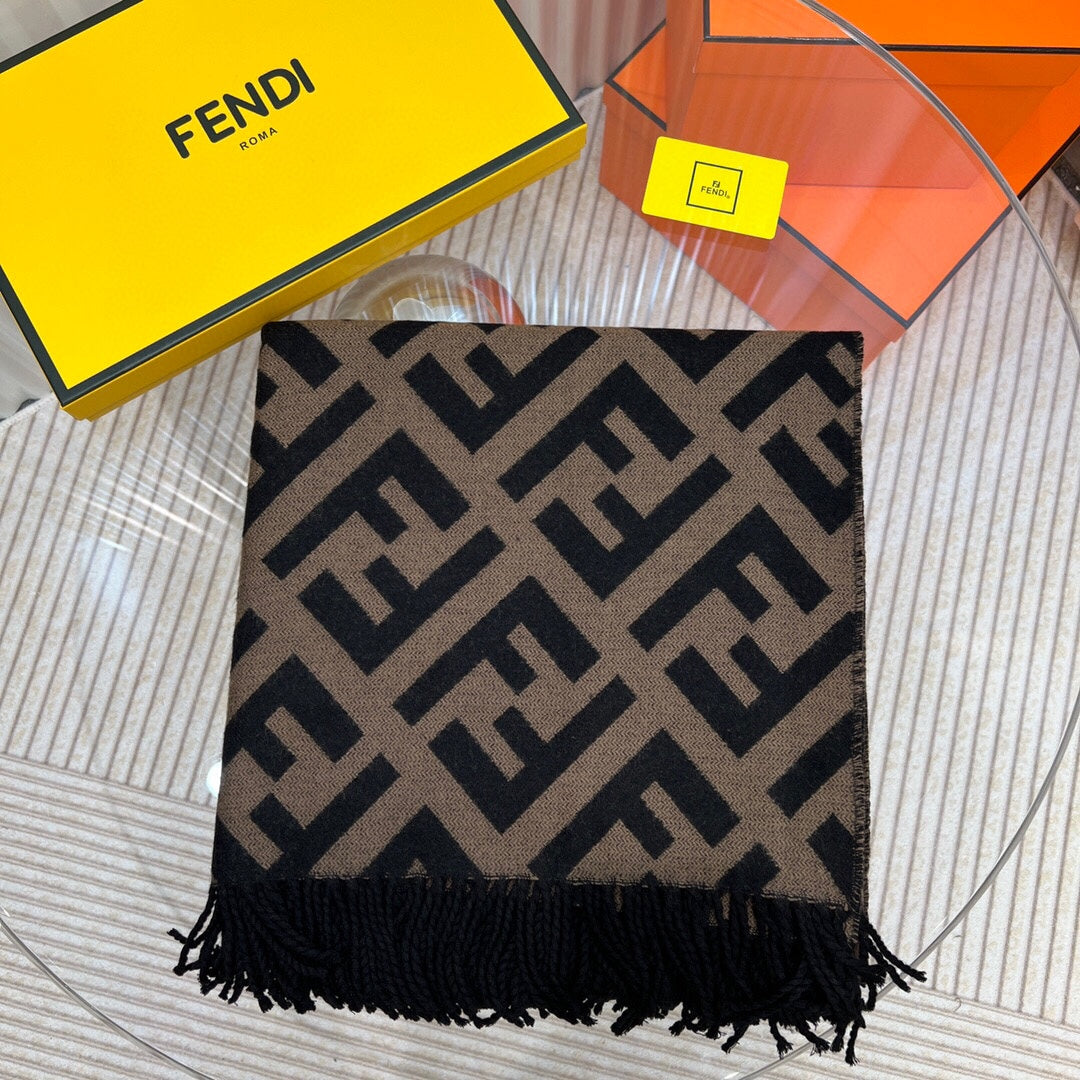 Ff 170 Cm Scarf In Camel Brown Mix Black Cashmere And Wool