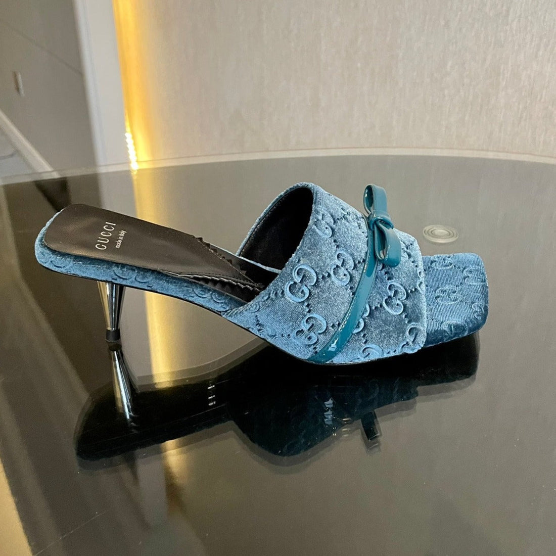 GG Velvet High Heel Sandals With Beautiful Logo Details Blue Sky