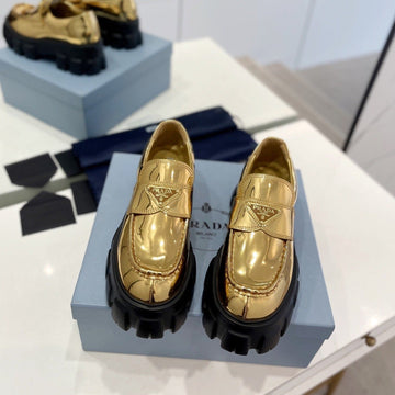 Pra Brushed Leather Monolith Loafers Metallic Gold