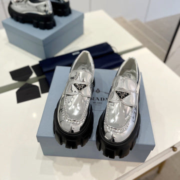 Pra Brushed Leather Monolith Loafers Silver