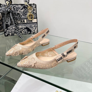 J'adior Slingback Pump In Beige Floral Embroidered Lace Fabric 100840