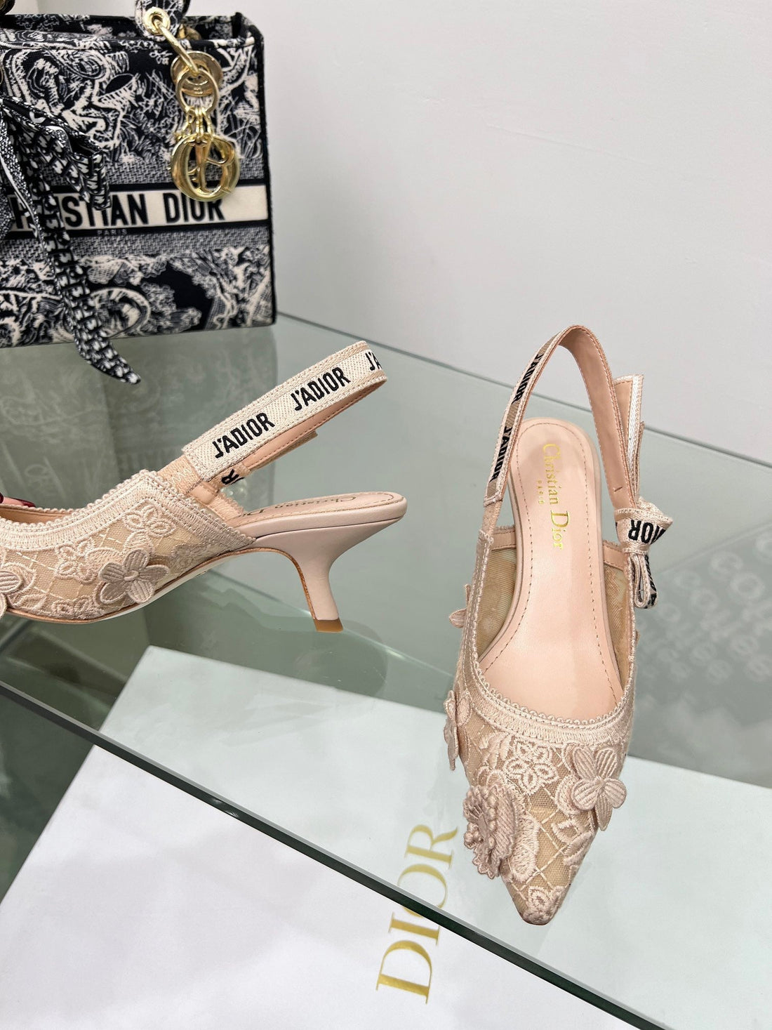 J'adior Slingback Pump 65MM In Beige Floral Embroidered Lace Fabric 100841
