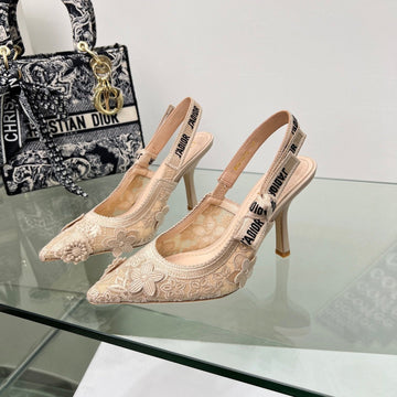 J'adior Slingback Pump 95MM In Beige Floral Embroidered Lace Fabric 100842
