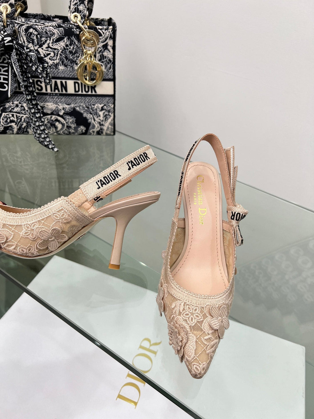 J'adior Slingback Pump 95MM In Beige Floral Embroidered Lace Fabric 100842