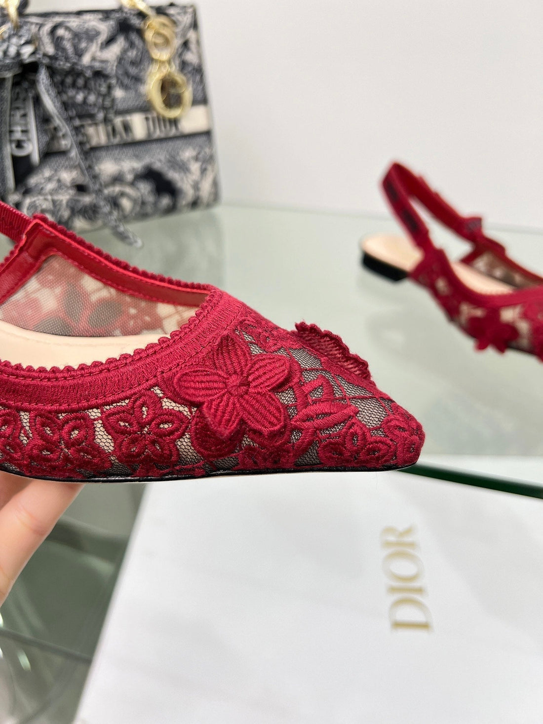 J'adior Slingback Pump In Red Floral Embroidered Lace Fabric 100844