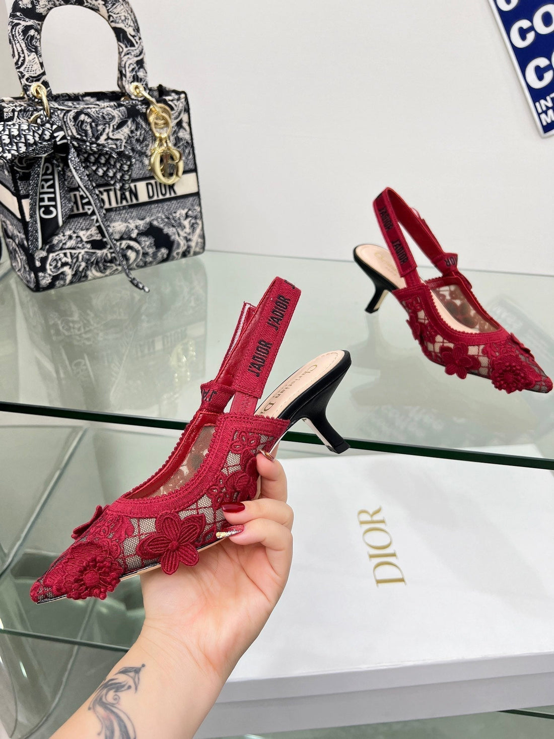 J'adior Slingback Pump 65MM In Red Floral Embroidered Lace Fabric 100845