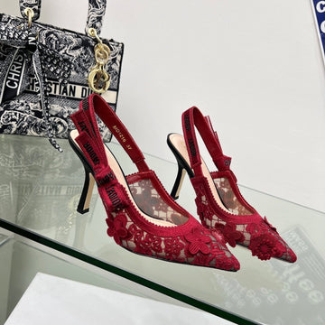 J'adior Slingback Pump 95MM In Red Floral Embroidered Lace Fabric 100846