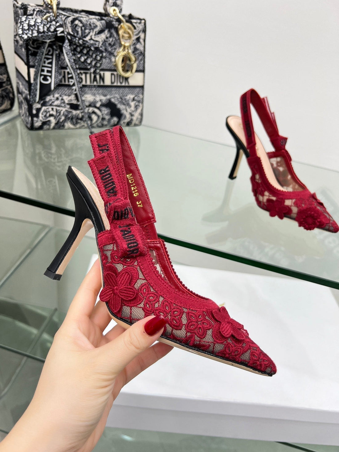 J'adior Slingback Pump 95MM In Red Floral Embroidered Lace Fabric 100846