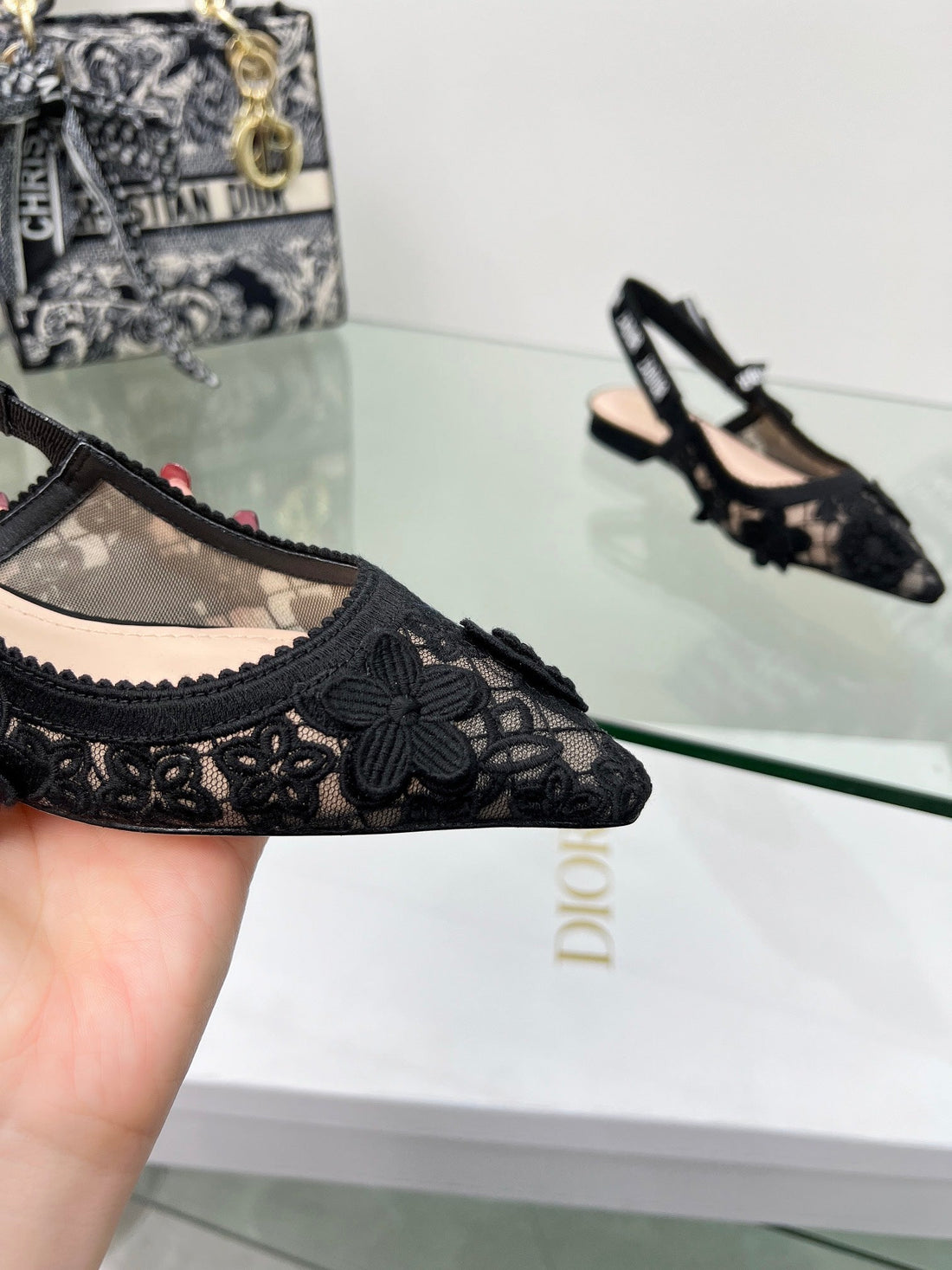 J'adior Slingback Pump In Black Floral Embroidered Lace Fabric 100848