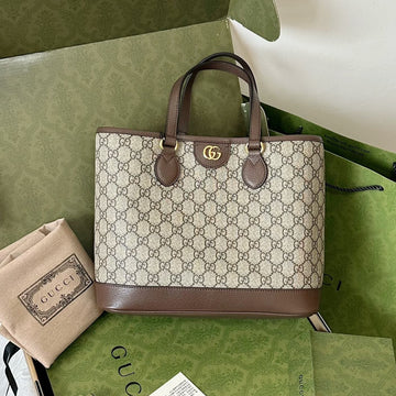 Ophidia Small Tote Bag 31 Beige Canvas And Brown Calfskin