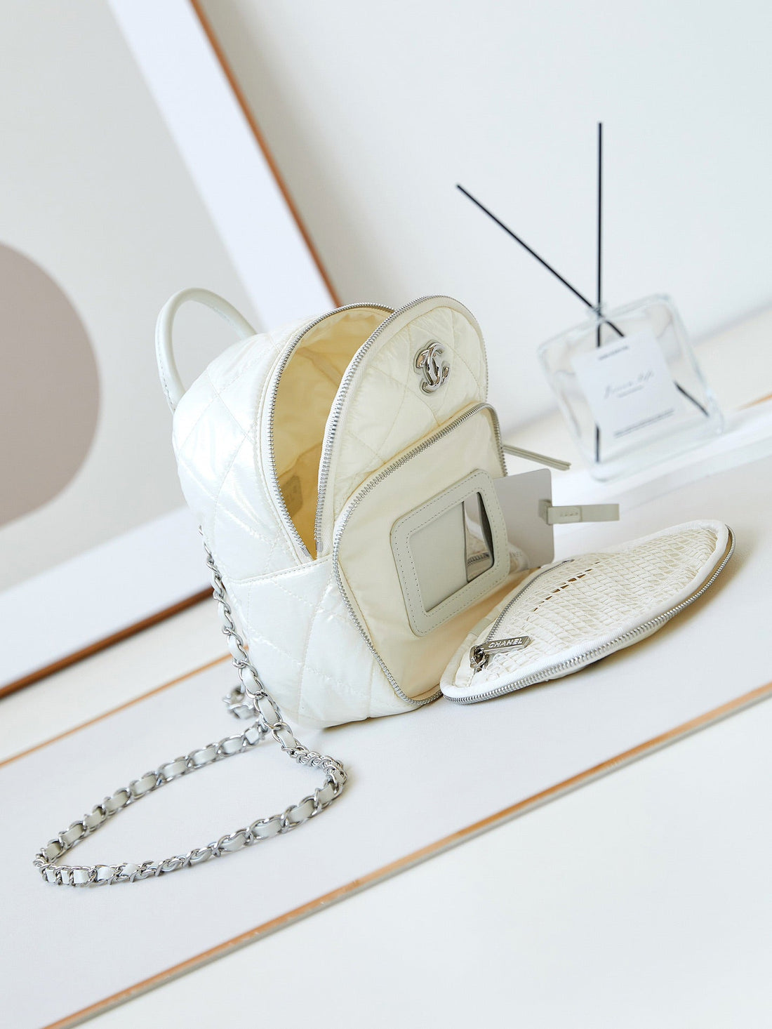 Backpack 22 In White Fabric Silver Hardware