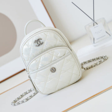 Backpack 22 In White Fabric Silver Hardware