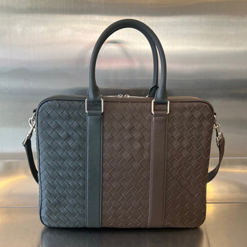 Large Intrecciato 40 Briefcase In Light Brown Mix Dark Green Calfskin