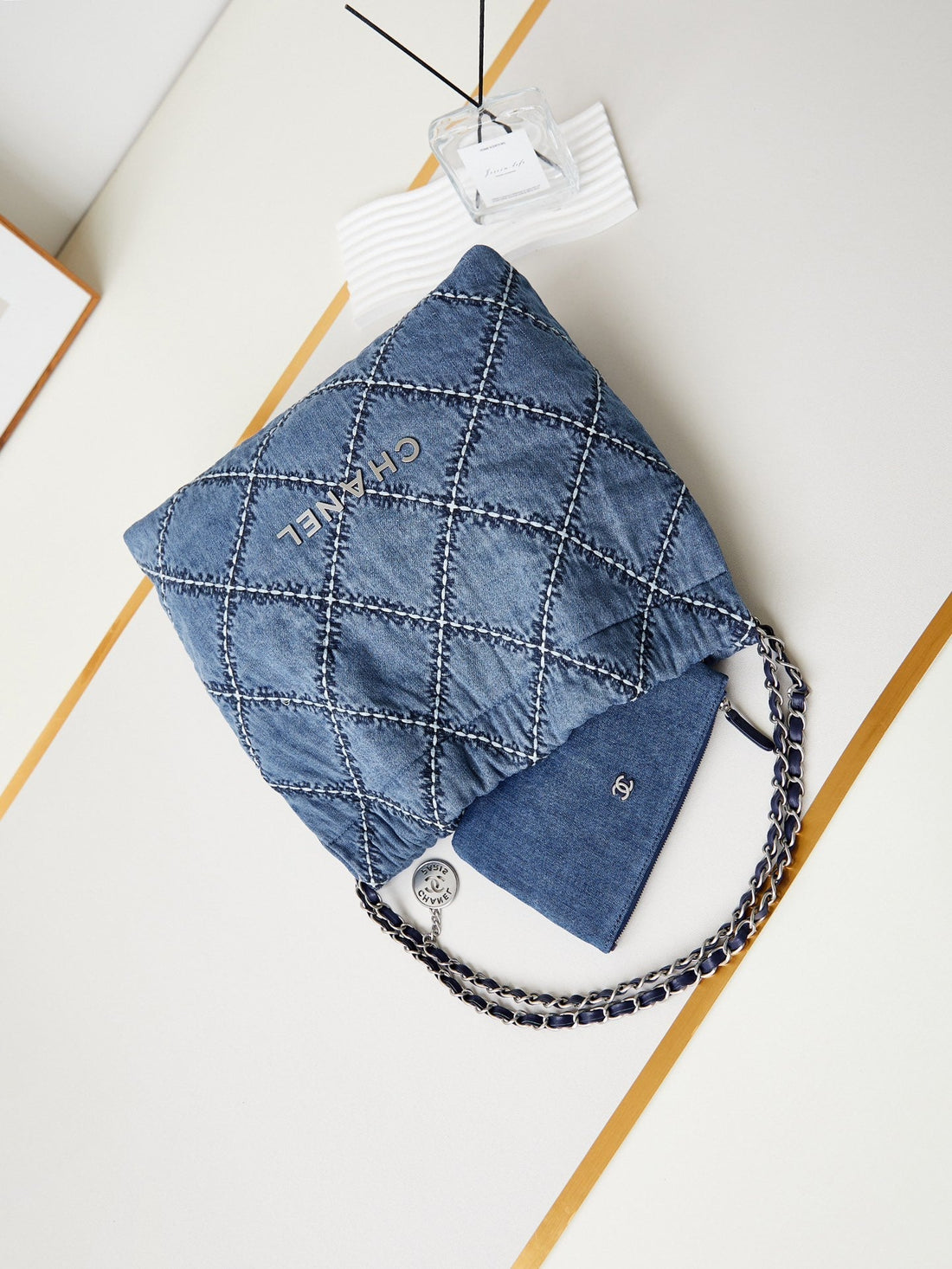 CC 22 Hobo Stitched Blue Denim Silver Hardware