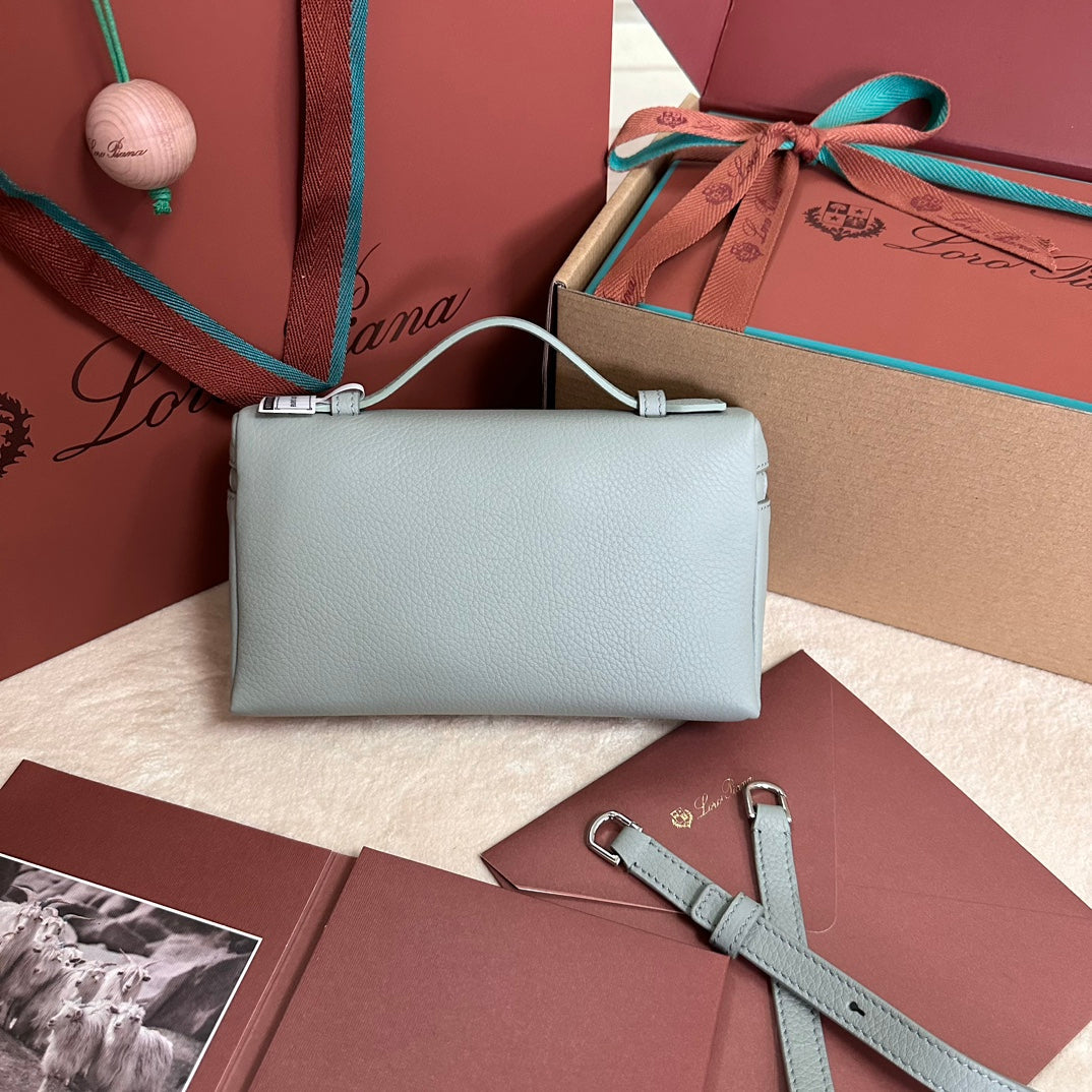 Extra Pocket L19 In Powder Blue Grained Calfskin With Silver Hardware