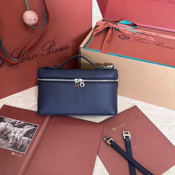 Extra Pocket L19 In Navy Blue Grained Calfskin With Silver Hardware