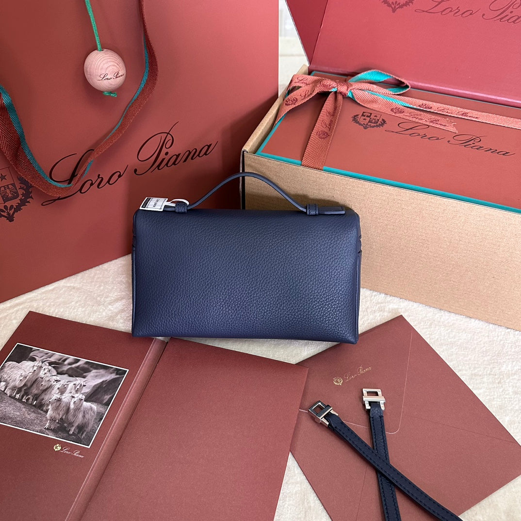 Extra Pocket L19 In Navy Blue Grained Calfskin With Silver Hardware
