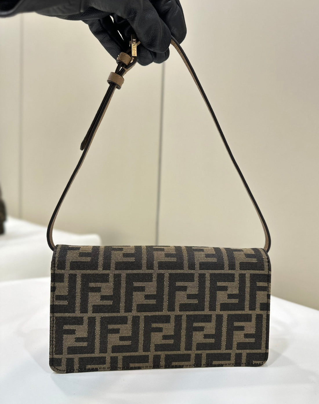 Baguette Chain Midi 21 In Brown Mix Black Monogram Jacquard Fabric Bag