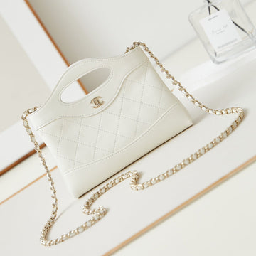 CC 24S31 Nano Shopping Bag 17.5cm White Lambskin Gold Hardware