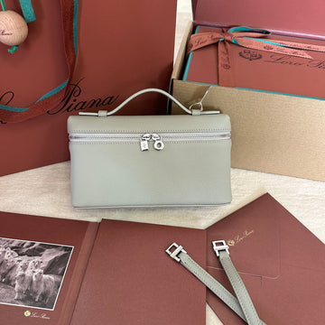 Extra Pocket L19 In Pearl Gray Grained Calfskin With Silver Hardware