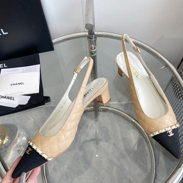 CC Slingback Pumps 45 Beige Quilted Lambskin Black Grosgrain Pointed Toe 582850