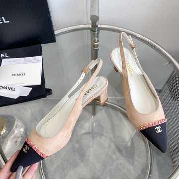CC Slingback Pumps 45 Beige Seude Black Grosgrain Point Toe 582852