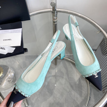 CC Slingback Pumps 45 Sky Blue Seude Black Grosgrain Point Toe 582853