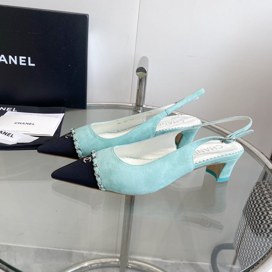 CC Slingback Pumps 45 Sky Blue Seude Black Grosgrain Point Toe 582853