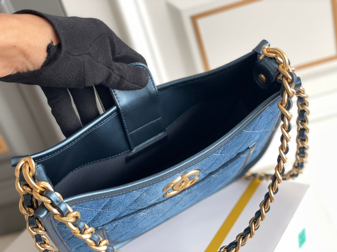 CC 24S 20CM Hobo Bag Blue Denim Gold Hardware