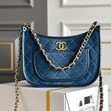 CC 24S 20CM Hobo Bag Blue Denim Gold Hardware