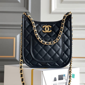 CC 24S 24CM Hobo Bag Black Calfskin Gold Hardware