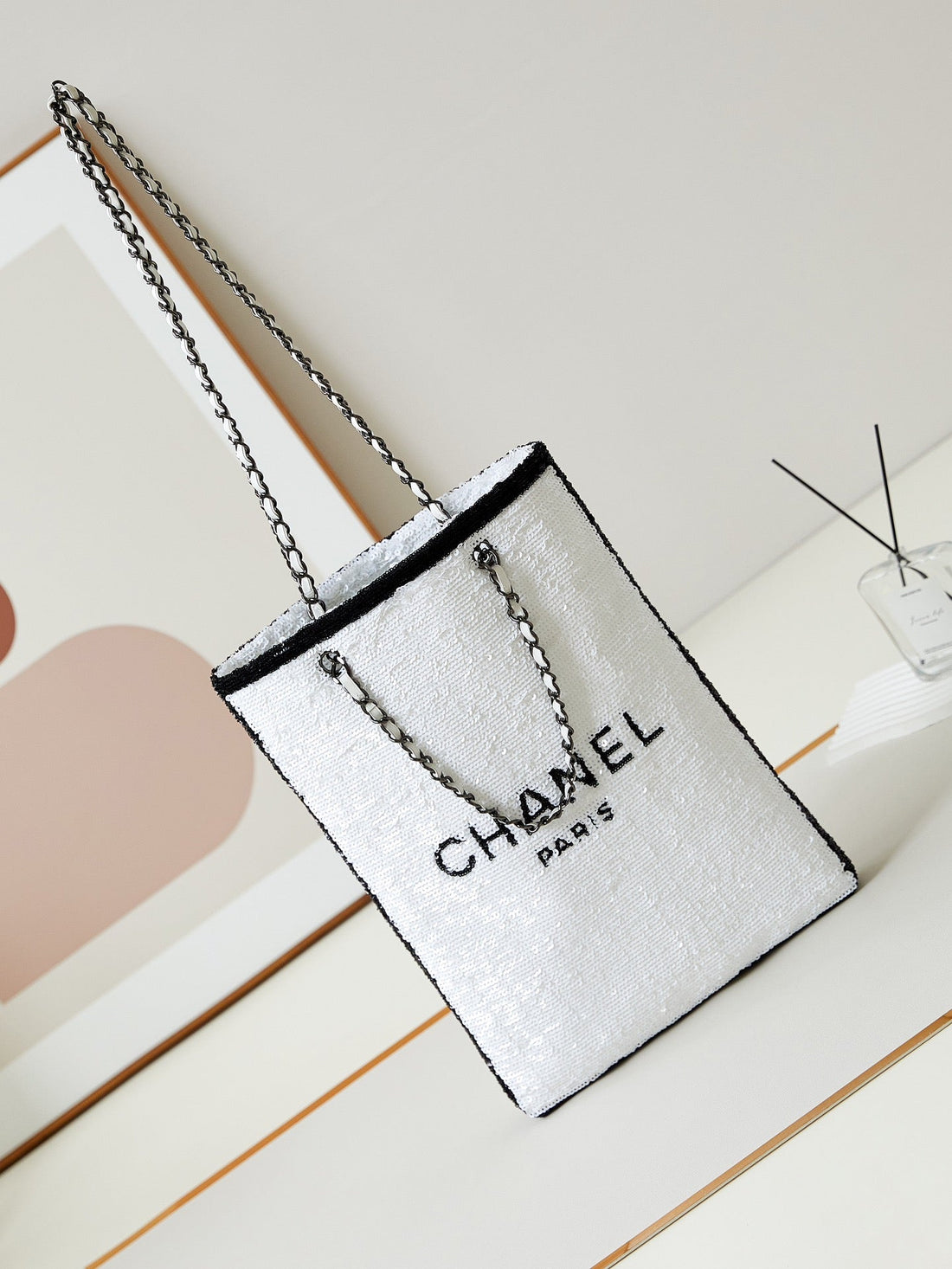 CC 24S31 Shopping Bag White Black Sequins Black Hardware