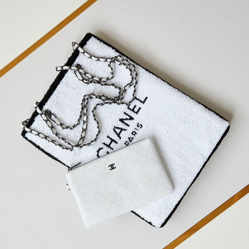 CC 24S31 Shopping Bag White Black Sequins Black Hardware